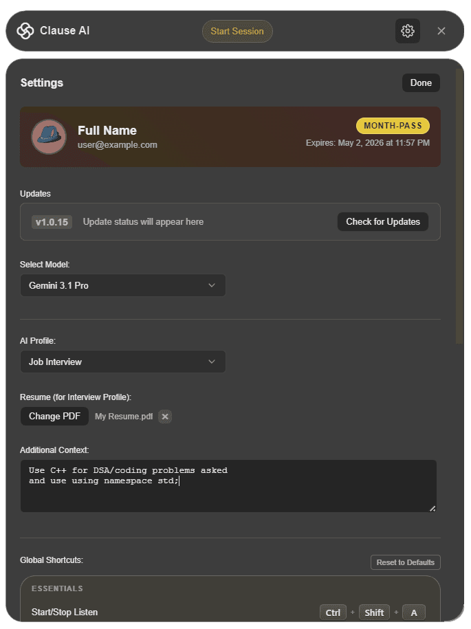 Clause AI Settings Panel